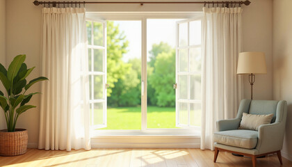 Fototapeta premium Open Window with Curtains in a Cozy Living Room