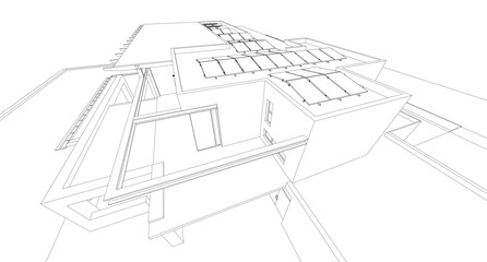 Fototapeta premium 3D architectural wireframe of a modern house with large glass windows, open terrace, and pergola. Ideal for architectural visualization, real estate concepts, and building design presentations.