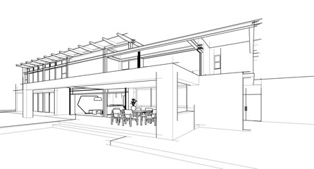 3D architectural wireframe of a modern house with large glass windows, open terrace, and pergola. Ideal for architectural visualization, real estate concepts, and building design presentations.