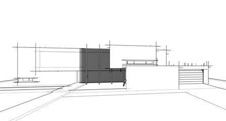 3D architectural wireframe of a modern house with large glass windows, open terrace, and pergola. Ideal for architectural visualization, real estate concepts, and building design presentations.