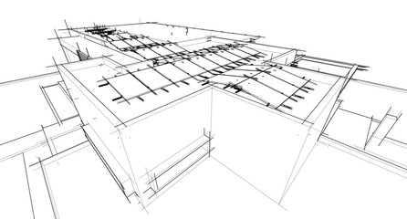 3D architectural wireframe of a modern house with large glass windows, open terrace, and pergola. Ideal for architectural visualization, real estate concepts, and building design presentations.