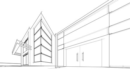 3D architectural wireframe of a modern house with large glass windows, open terrace, and pergola. Ideal for architectural visualization, real estate concepts, and building design presentations.