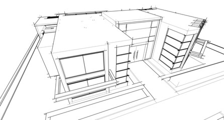 3D architectural wireframe of a modern house with large glass windows, open terrace, and pergola. Ideal for architectural visualization, real estate concepts, and building design presentations.