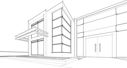 3D architectural wireframe of a modern house with large glass windows, open terrace, and pergola. Ideal for architectural visualization, real estate concepts, and building design presentations.