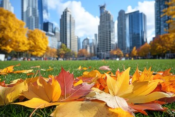 Colorful autumn maple leaves on green grass in a city park.