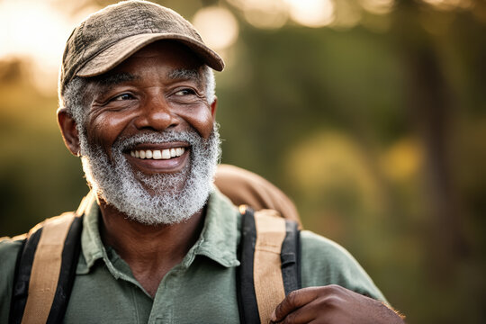 Joyful Elderly Man Outdoors with Backpack 