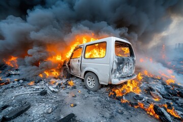 A white van engulfed in flames and thick smoke, amidst debris.