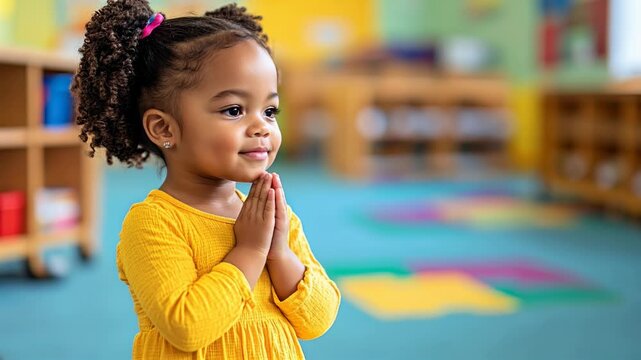 A young girl is praying in a classroom. She is wearing a yellow dress and has her hands together in front of her chest