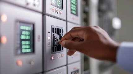 A close-up of a homeowner resetting a modern circuit breaker switch in a clean, well-organized electrical panel, digital indicators displaying real-time system status, smooth metal textures and sleek