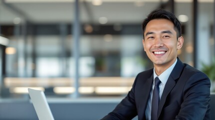 Smiling man in suit and tie at desk with laptop in indoor office with large windows.
