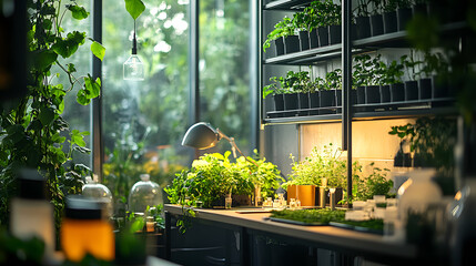 A solar-powered laboratory with green plants incorporated into the design, blending nature and technology seamlessly, during an eco-science project