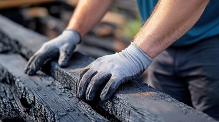 A worker's gloved hands examine a charred wooden beam.