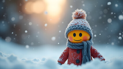 Smiling Snowman in Winter Wonderland: Cute Knit Hat, Scarf, Snowy Scene, Happy Holiday Cheer, Festive Winter Image