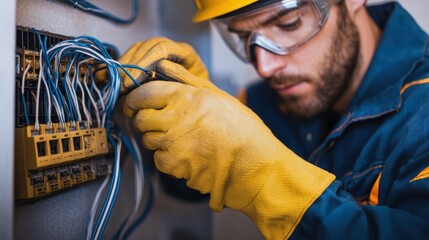 A professional electrician demonstrating safe wiring practices in a modern home electrical panel, neatly arranged cables and secured circuit breakers emphasized, the technician wearing insulated
