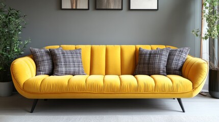 A Vibrant Yellow Velvet Sofa With Gray Plaid Pillows Sits In A Modern Room, Creating A Stylish And Cozy Atmosphere.