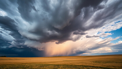 a dramatic thunderstorm over a vast open prairie