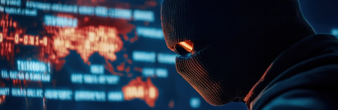 A masked figure focuses intently on digital data, representing themes of cybersecurity, hacking, and the digital landscape.