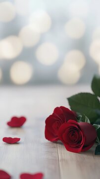 Red roses on wooden surface with bokeh lights for romantic greetings and love.