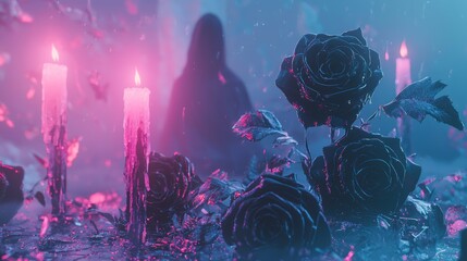 Dimly Lit Room with Black Roses and Flickering Candles