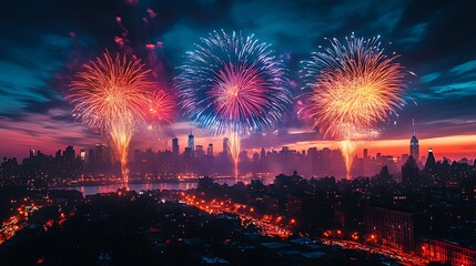 Obraz premium Fireworks explode over city skyline at night