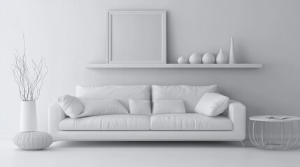 A Minimalist Living Room Rendered In Shades Of Gray.  A White Sofa, Simple Decor, And A Framed Picture Create A Serene Atmosphere.