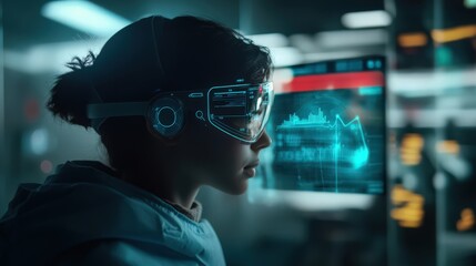 Futuristic researcher analyzes data streams using advanced augmented reality eyewear