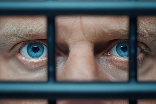 A man's intense blue eyes peer through metal prison bars, a close-up conveying confinement and desperation.