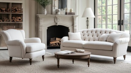 A Cozy Living Room With Cream-Colored Furniture, A Fireplace, And Large Windows Overlooking A Garden. The Room Has A Calm And Serene Atmosphere.