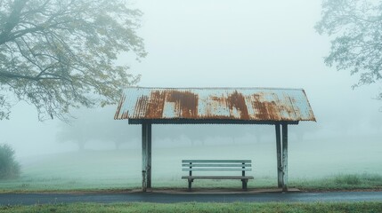 Obraz premium A quaint bus stop with creaky wooden benches and a rusted tin roof, framed by dense fog and winding country roads, cinematic photography, soft focus