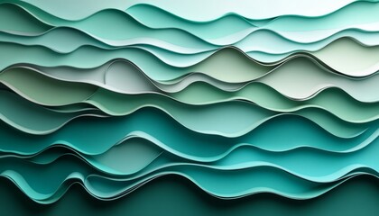 Fototapeta premium Abstract Background, Flowing Lines, Waves, Shades of Blue, Green, Paper Art, 3D Render, Modern