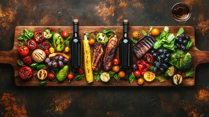 A vibrant display of assorted grilled vegetables, fruits, and bottles of oil on a rustic wooden board