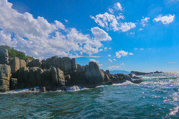 Landscape A close-up view of the dramatic columnar jointing of the Tojinbo Cliffs, showcasing the...