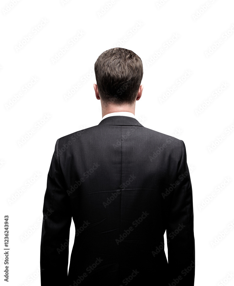 Poster rear view of a person wearing a formal suit, isolated on a clean white background. perfect for busin