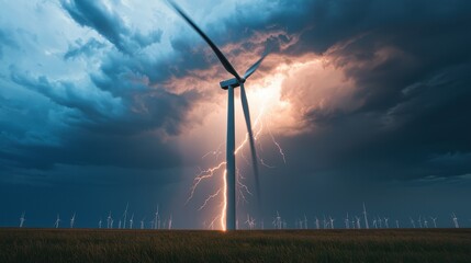 Obraz premium Dramatic Lightning Striking Wind Turbine in Stormy Landscape