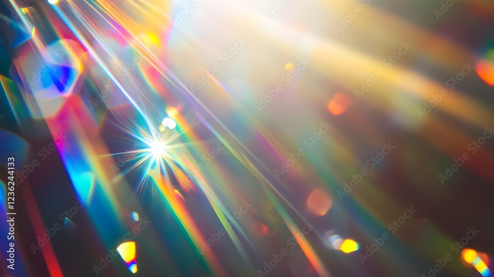 Poster Bursts of radiant multicolored light beams shimmering and refracting through a kaleidoscopic prism creating a mesmerizing display of vibrant ethereal illumination