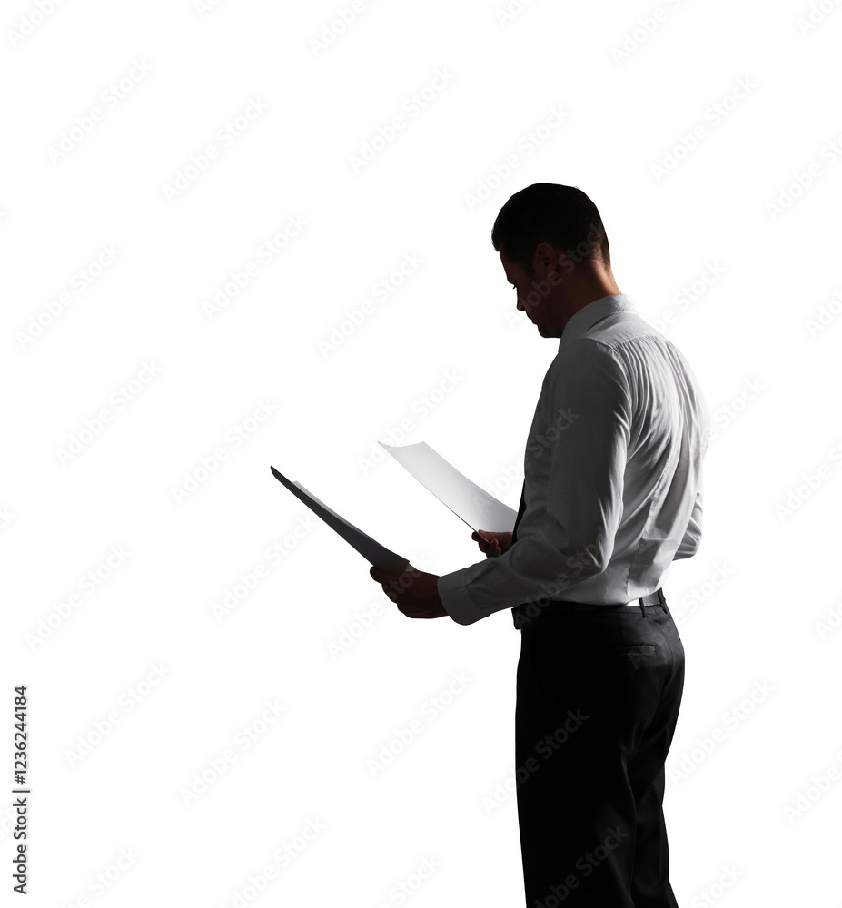 Poster silhouette of a man in formal attire holding documents in both hands, isolated on a white background