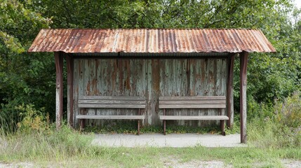A rustic bus stop with a thatched roof and carved wooden pillars, sitting beside a dirt road, pastel colors, dreamy and serene