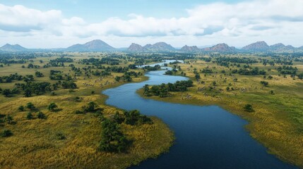Serene Aerial View of River Flowing Through Lush Green Landscape