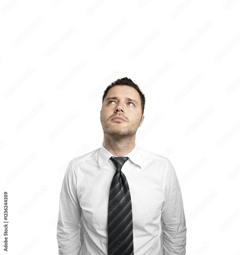 Poster man in formal attire, white shirt, andtie, glancing upwards. isolated on a white background. concept
