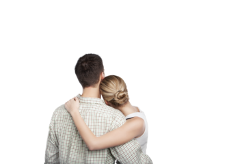 A couple hugging closely, viewed from behind, with the woman's head resting on the man's shoulder, isolated on a clean white background