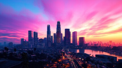 Vibrant Skyline of Los Angeles at Sunset with Colorful Clouds