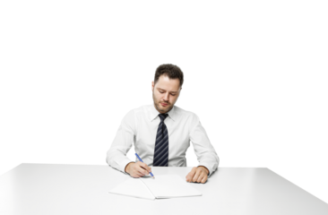 Man in formal attire writing on paper, seated at a desk. Isolated on a clean white background. Concept of office work, signing documents