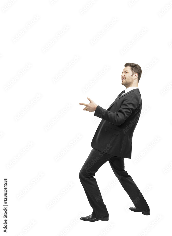 Poster Man in a business suit leaning backward with an intense expression, gesturing with both hands, isolated on a clean white background