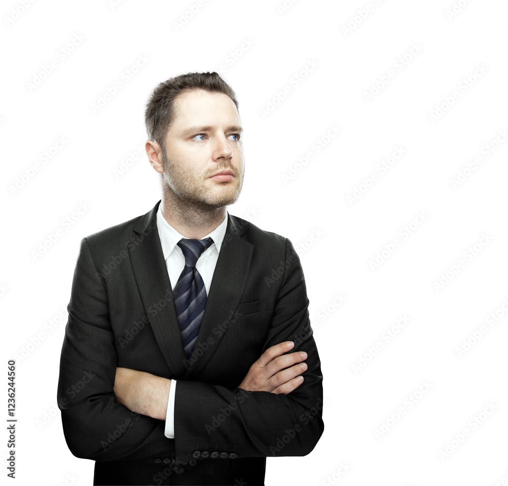 Poster man in formal business attire with a thoughtful expression, crossing arms, standing against a clean 