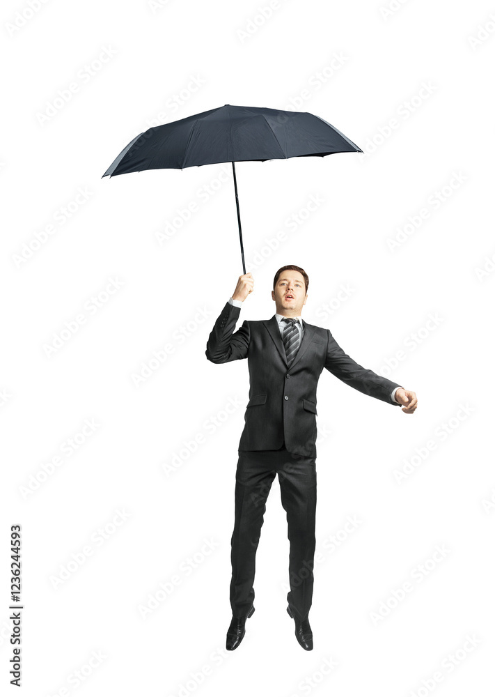 Poster a businessman in a suit holding an umbrella, appearing to float in mid-air. isolated on a white back