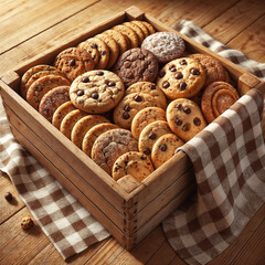 A wooden box filled with an assortment of freshly baked chocolate chip and sugar cookies, arranged on a rustic wooden surface with a classic brown and white checkered kitchen towel
