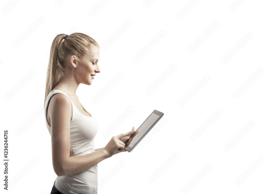 Poster side profile of a woman with a ponytail using a tablet. isolated on a clean white background. concep