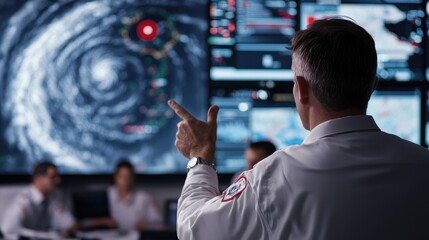 A crisis response team monitors an incoming natural disaster on an advanced public safety dashboard, tracking storm paths, evacuation protocols, and emergency shelter capacities. A lead coordinator