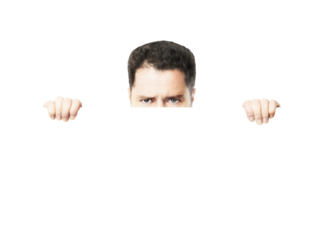 Man's face and hands peeking over a blank white banner, isolated on a white background. Concept of curiosity, secrecy, or advertising