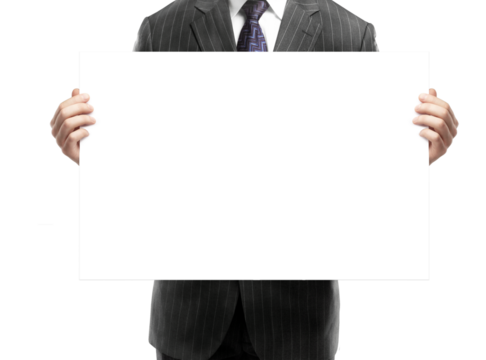 Businessperson in pinstripe suit holding blank white signboard on an isolated white background, ideal for message or advertisement design